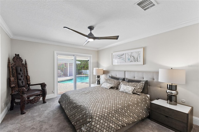 3663 Berger Rd, Lutz, FL 33548 - bedroom featuring access to outside, carpet, ornamental molding, a ceiling fan, and a textured ceiling