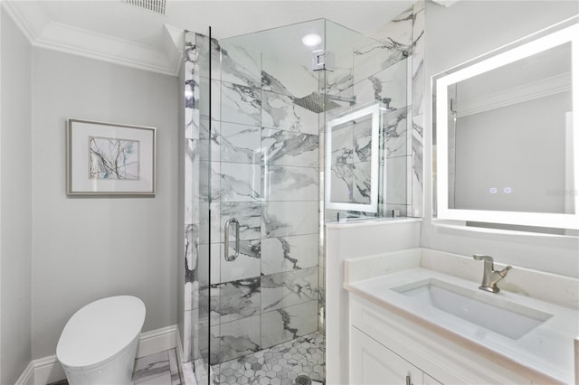 3663 Berger Rd, Lutz, FL 33548 - bathroom with ornamental molding, a marble finish shower, and vanity