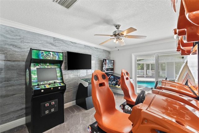 3663 Berger Rd, Lutz, FL 33548 - recreation room with crown molding, ceiling fan, carpet floors, and a textured ceiling