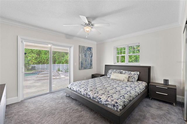 3663 Berger Rd, Lutz, FL 33548 - bedroom with crown molding, access to exterior, carpet flooring, a textured ceiling, and a ceiling fan