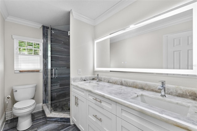 3663 Berger Rd, Lutz, FL 33548 - bathroom with crown molding, double vanity, and a shower stall