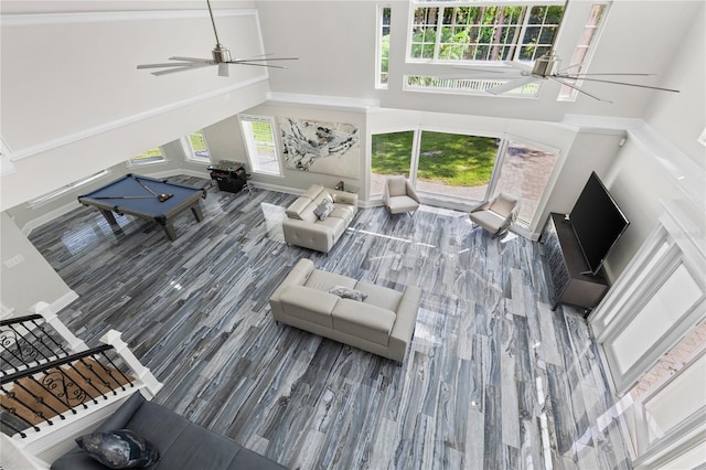3663 Berger Rd, Lutz, FL 33548 - living room with ceiling fan, a high ceiling, and pool table
