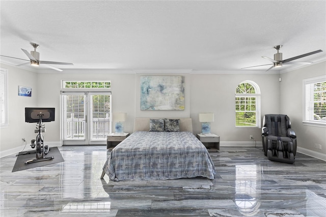 3663 Berger Rd, Lutz, FL 33548 - bedroom with ornamental molding, a ceiling fan, and access to outside