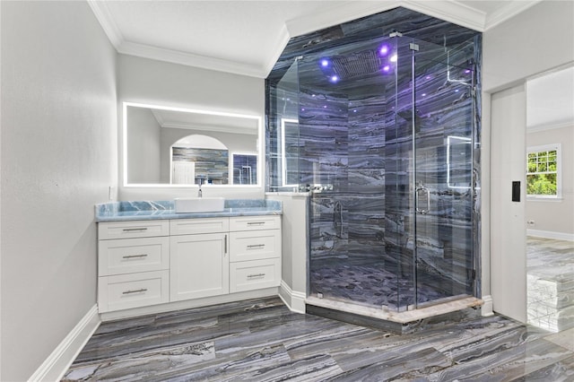 3663 Berger Rd, Lutz, FL 33548 - bathroom with vanity, ornamental molding, and a stall shower