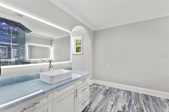3663 Berger Rd, Lutz, FL 33548 - bathroom with ornamental molding, vanity, and marble finish flooring