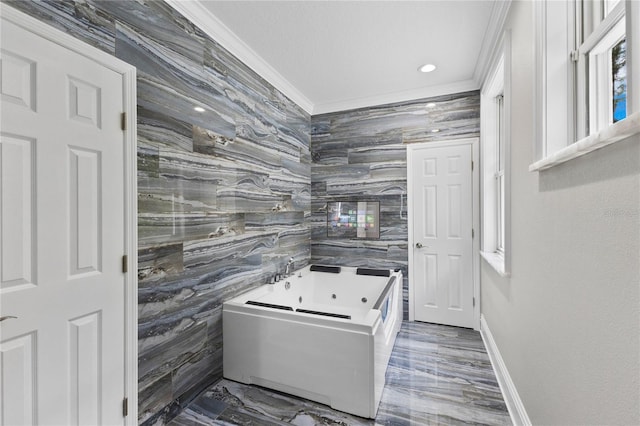 3663 Berger Rd, Lutz, FL 33548 - full bath with ornamental molding, a whirlpool tub, and tile walls
