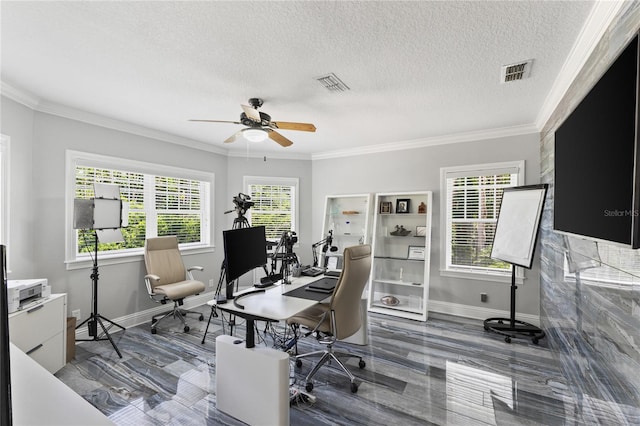 3663 Berger Rd, Lutz, FL 33548 - office area featuring a ceiling fan, crown molding, and a textured ceiling