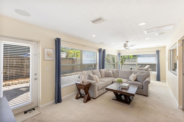 218 N Bay Hills Blvd, Safety Harbor, FL 34695 - living room with light carpet, healthy amount of natural light, ceiling fan, and recessed lighting