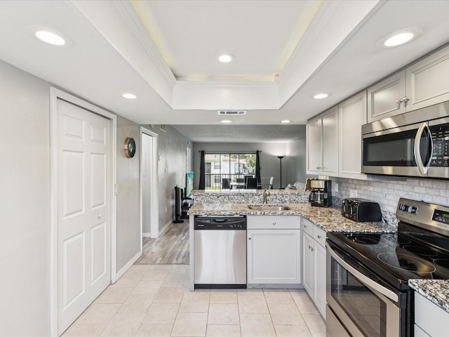 214 Meadow Ln Unit 214, Oldsmar, FL 34677 - kitchen with stainless steel appliances, a peninsula, a tray ceiling, recessed lighting, and light stone counters