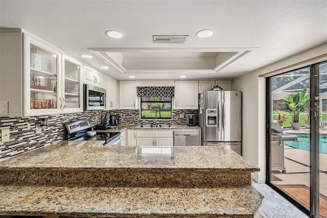 37147 Foxrun Pl, Zephyrhills, FL 33542 - kitchen featuring appliances with stainless steel finishes, a tray ceiling, a peninsula, glass insert cabinets, and light stone countertops