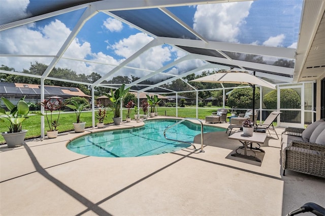 37147 Foxrun Pl, Zephyrhills, FL 33542 - outdoor pool with a patio, a lawn, a lanai, and outdoor lounge area