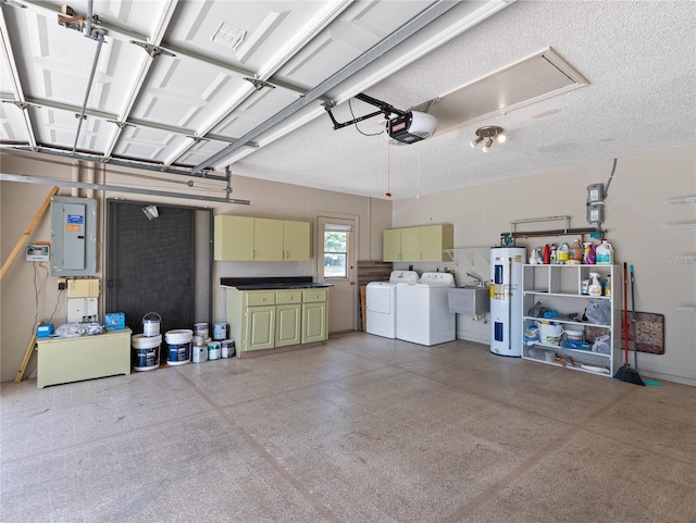 37147 Foxrun Pl, Zephyrhills, FL 33542 - garage featuring washing machine and dryer, electric water heater, a garage door opener, and electric panel