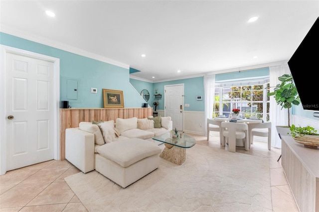 2809 W Platt St Unit 6, Tampa, FL 33609 - living room featuring light tile patterned floors, ornamental molding, recessed lighting, stairway, and wainscoting
