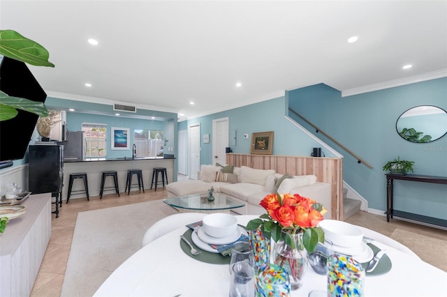 2809 W Platt St Unit 6, Tampa, FL 33609 - living room featuring ornamental molding, stairs, recessed lighting, and light tile patterned floors