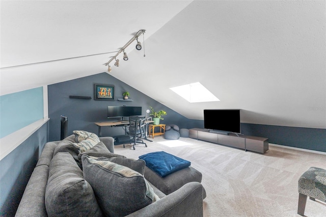 2809 W Platt St Unit 6, Tampa, FL 33609 - carpeted living room with a skylight, rail lighting, lofted ceiling, and an office area