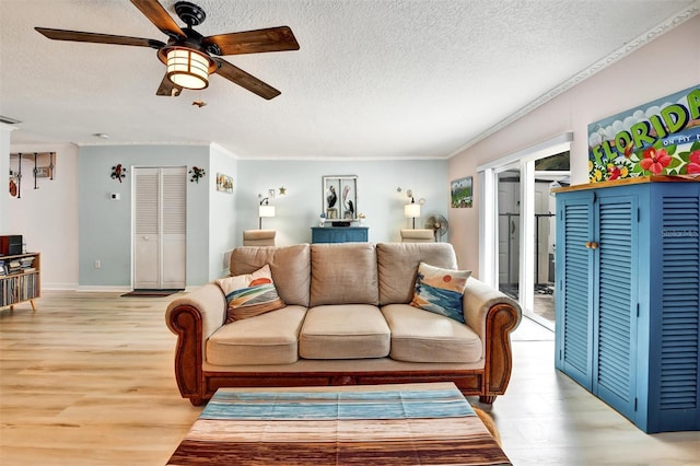 2700 Bayshore Blvd Unit 544, Dunedin, FL 34698 - living room with a ceiling fan, a textured ceiling, crown molding, and light wood finished floors