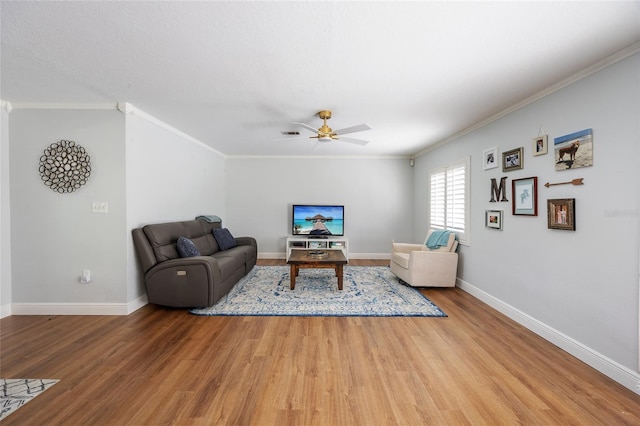4521 S Cooper Pl, Tampa, FL 33611 - living room featuring ceiling fan, light wood finished floors, and ornamental molding