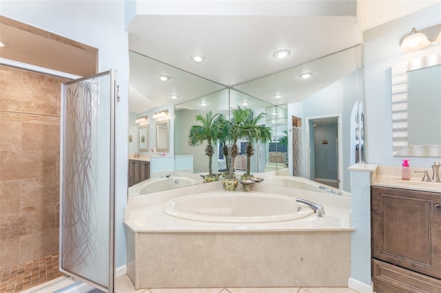 835 Symphony Isles Blvd, Apollo Beach, FL 33572 - full bath featuring a bath, a stall shower, vanity, recessed lighting, and tile patterned floors
