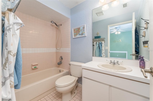 835 Symphony Isles Blvd, Apollo Beach, FL 33572 - bathroom featuring shower / bath combination with curtain, tile patterned flooring, vanity, a textured wall, and a ceiling fan