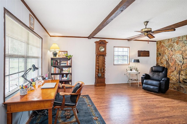 235 Old Welcome Rd, Lithia, FL 33547 - home office with wood finished floors, beamed ceiling, ceiling fan, ornamental molding, and a textured ceiling