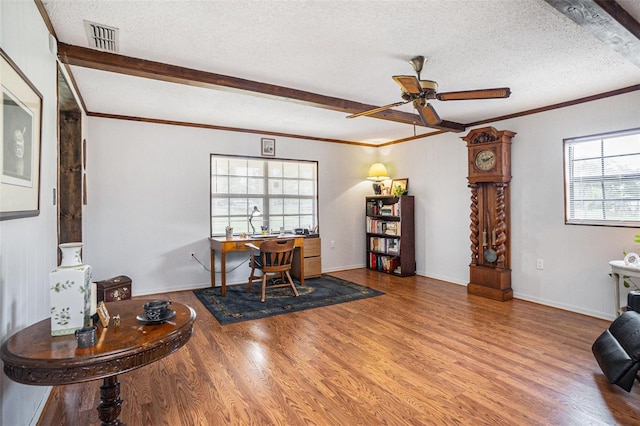 235 Old Welcome Rd, Lithia, FL 33547 - office featuring wood finished floors, ceiling fan, a textured ceiling, beam ceiling, and crown molding