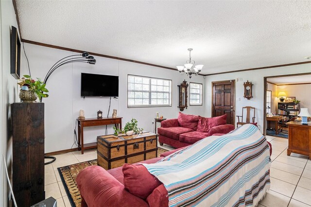 235 Old Welcome Rd, Lithia, FL 33547 - living area featuring crown molding, light tile patterned flooring, a chandelier, and a textured ceiling