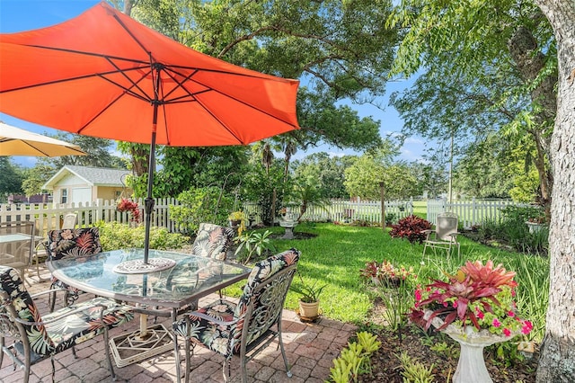 235 Old Welcome Rd, Lithia, FL 33547 - fenced backyard featuring outdoor dining space, a patio, and view of wooded area