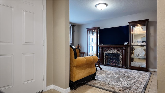 270 Planter Rd, Spring Hill, FL 34606 - tiled living room featuring a fireplace and a textured ceiling