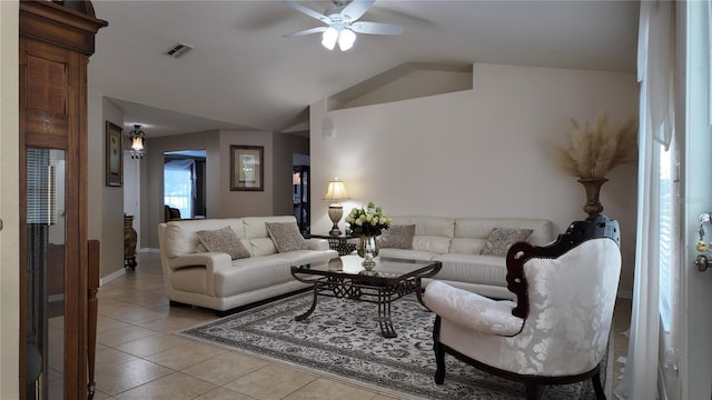 270 Planter Rd, Spring Hill, FL 34606 - living room with ceiling fan, light tile patterned flooring, and vaulted ceiling