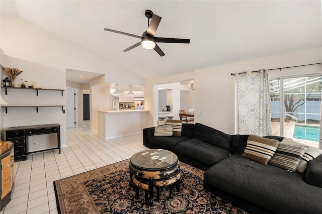1763 Pebble Hill Ct, Palm Harbor, FL 34683 - living room with a ceiling fan, vaulted ceiling, and light tile patterned floors