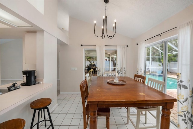 1763 Pebble Hill Ct, Palm Harbor, FL 34683 - dining room featuring vaulted ceiling, a chandelier, and light tile patterned floors