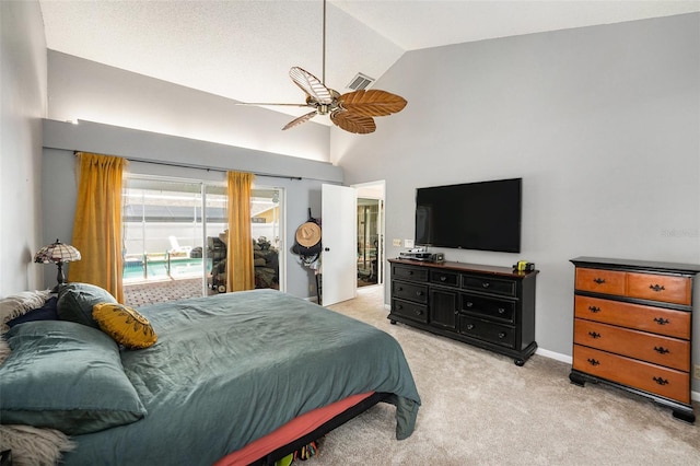 1763 Pebble Hill Ct, Palm Harbor, FL 34683 - bedroom with light colored carpet, access to exterior, high vaulted ceiling, and a ceiling fan