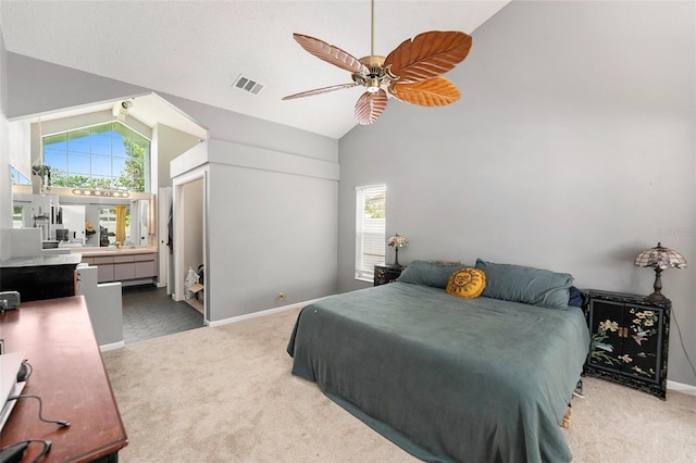 1763 Pebble Hill Ct, Palm Harbor, FL 34683 - bedroom with carpet floors, high vaulted ceiling, and ceiling fan