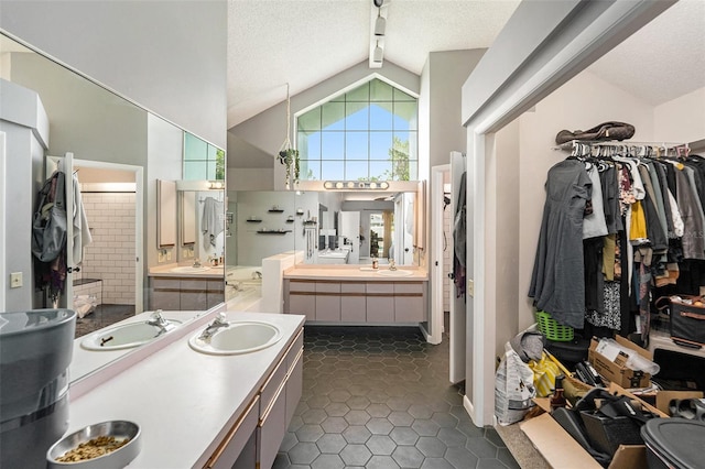 1763 Pebble Hill Ct, Palm Harbor, FL 34683 - bathroom with lofted ceiling, a textured ceiling, two vanities, tile patterned floors, and a walk in closet