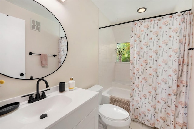 1763 Pebble Hill Ct, Palm Harbor, FL 34683 - bathroom featuring vanity, shower / bath combination with curtain, tile patterned flooring, and recessed lighting