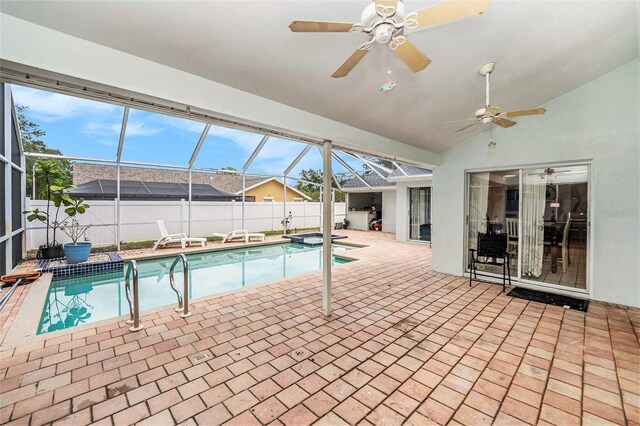 1763 Pebble Hill Ct, Palm Harbor, FL 34683 - view of pool with a fenced backyard, a patio area, a ceiling fan, and glass enclosure