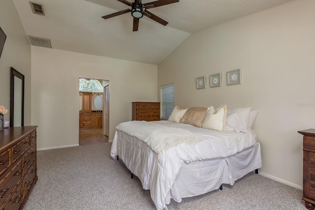 2800 Resnik Cir W, Palm Harbor, FL 34683 - bedroom featuring light carpet, lofted ceiling, a ceiling fan, and ensuite bath