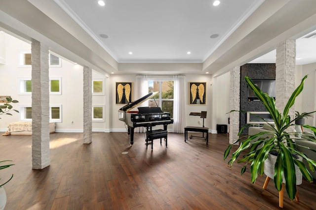 2711 W Trilby Ave, Tampa, FL 33611 - sitting room with ornate columns, dark wood-style flooring, a tray ceiling, crown molding, and recessed lighting