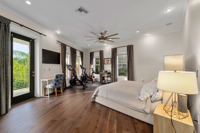 2711 W Trilby Ave, Tampa, FL 33611 - bedroom featuring access to outside, crown molding, wood finished floors, recessed lighting, and ceiling fan
