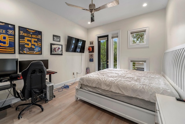 2711 W Trilby Ave, Tampa, FL 33611 - bedroom featuring access to exterior, wood finished floors, recessed lighting, an office area, and a ceiling fan