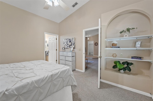 10032 Basin St, New Port Richey, FL 34655 - bedroom featuring light colored carpet, high vaulted ceiling, and ceiling fan