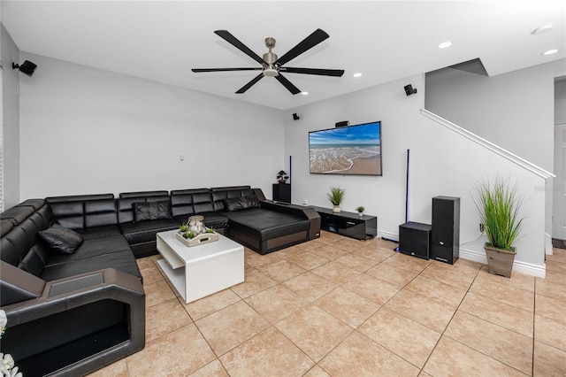 1601 Fox Grape Loop, Lutz, FL 33558 - living area featuring a ceiling fan, light tile patterned floors, and recessed lighting