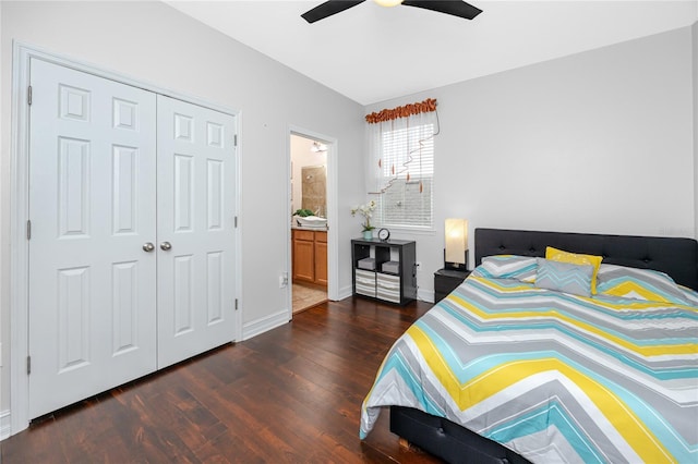 1601 Fox Grape Loop, Lutz, FL 33558 - bedroom with dark wood-style flooring, ceiling fan, a closet, and ensuite bathroom