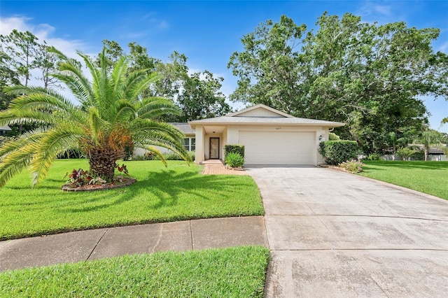 2875 Lomond Dr, Palm Harbor, FL 34684 - view of front of house featuring a garage, driveway, a front yard, and stucco siding