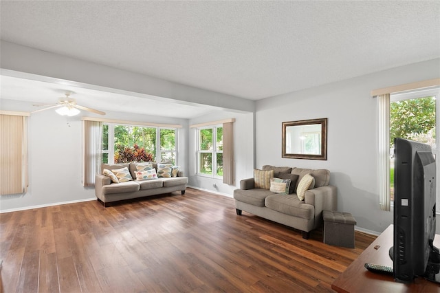 2875 Lomond Dr, Palm Harbor, FL 34684 - living area featuring wood finished floors, healthy amount of natural light, a ceiling fan, and a textured ceiling