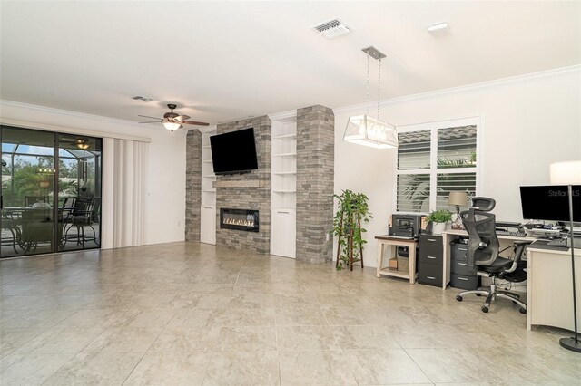 20828 Cattail Blvd, Venice, FL 34292 - office space with ceiling fan, crown molding, and a fireplace