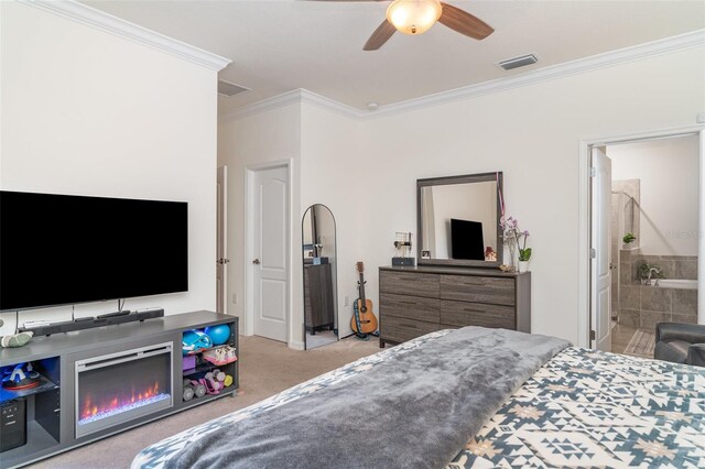 20828 Cattail Blvd, Venice, FL 34292 - bedroom featuring crown molding, carpet, ceiling fan, and ensuite bath