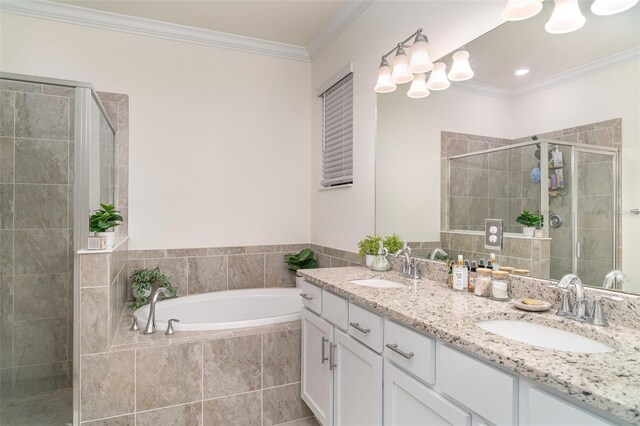 20828 Cattail Blvd, Venice, FL 34292 - full bathroom featuring a shower stall, double vanity, a bath, and crown molding
