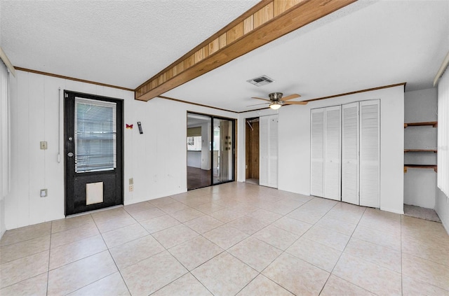 4143 Gray Squirrel Ln, New Port Richey, FL 34653 - unfurnished living room with light tile patterned flooring, a ceiling fan, and crown molding