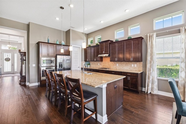 6007 Quartz Lake Way, Lithia, FL 33547 - kitchen with stainless steel appliances, dark brown cabinets, dark wood finished floors, light stone counters, and a high ceiling